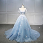 Blue Short Sleeves Lace Applique Organza Tulle Party Dress, Round Neckline Blue Sweet 16 Gown Formal Dress