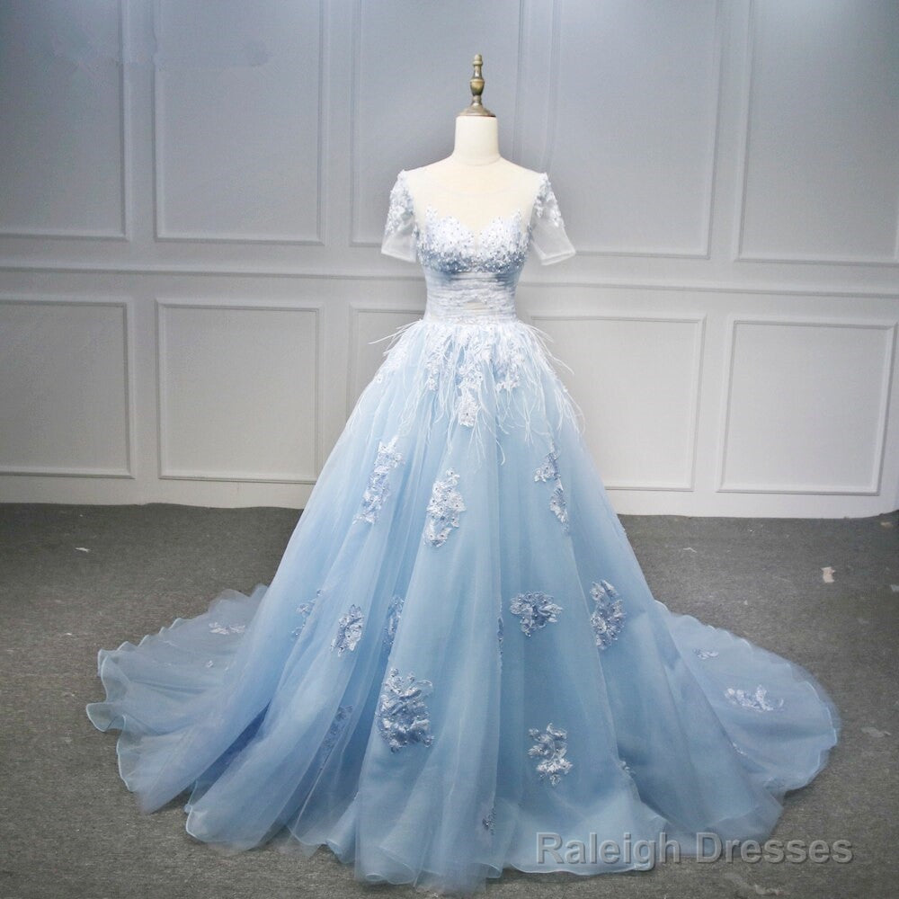 Blue Short Sleeves Lace Applique Organza Tulle Prom Dresses Round Neckline Blue Sweet 16 Gowns Prom Dresses Secondary image