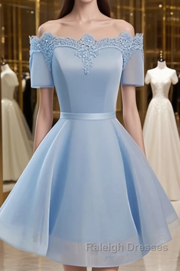 Blue Short Sleeves Lace-up Organza Bow Prom Dresses, Homecoming Dresses Main image