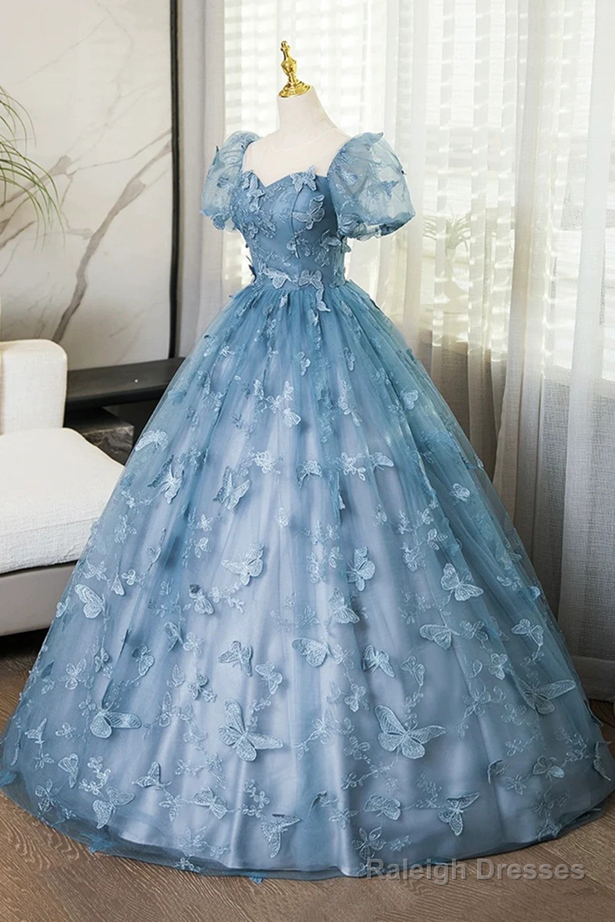 Blue Short Sleeves Long Party Dress With Butterfly Lace, Blue Prom Dress