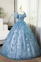 Blue Short Sleeves Long Party Dress With Butterfly Lace, Blue Prom Dress