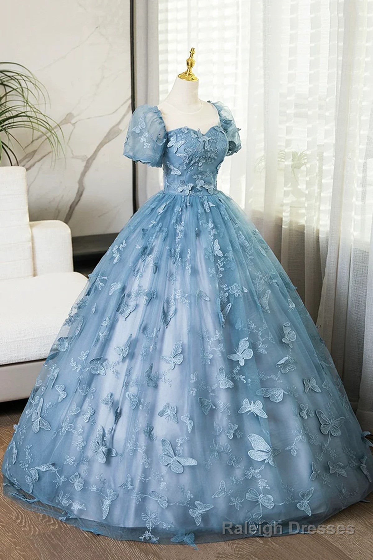 Blue Short Sleeves Long Party Dress With Butterfly Lace, Blue Prom Dress