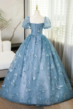 Blue Short Sleeves Long Party Dress With Butterfly Lace, Blue Prom Dress