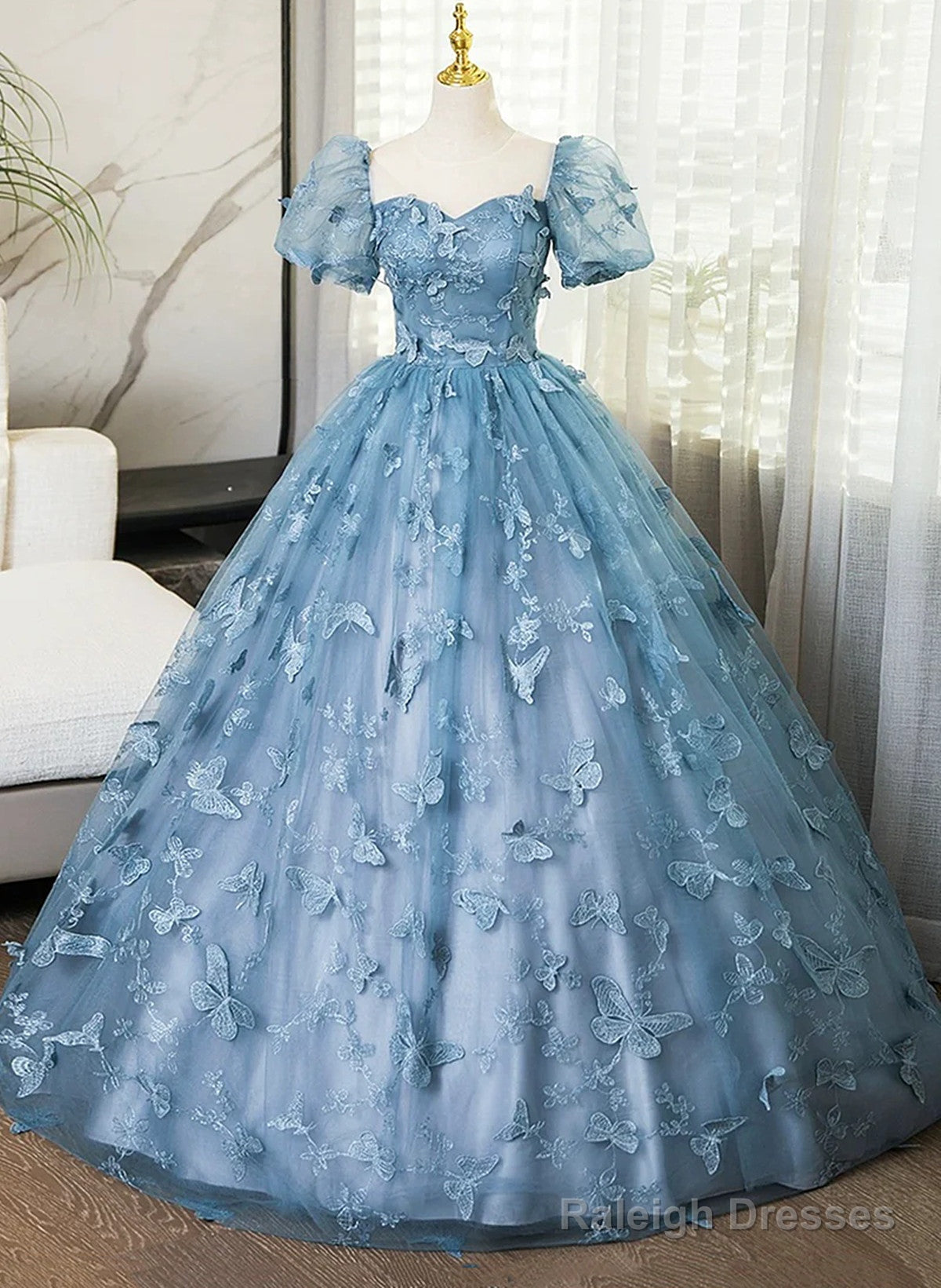 Blue Short Sleeves Long Party Dress With Butterfly Lace, Blue Prom Dress Main image