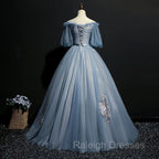 Blue Short Sleeves Long Tulle with Flower Applique Prom Dress, Blue Sweet 16 Dress