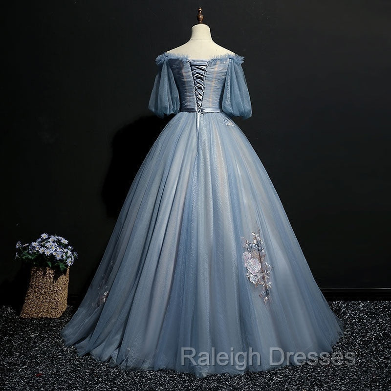 Blue Short Sleeves Long Tulle with Flower Applique Prom Dress, Blue Sweet 16 Dress