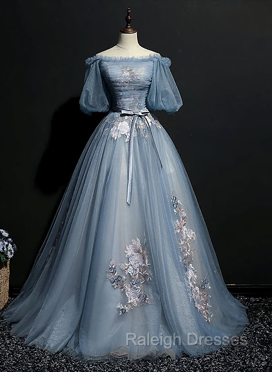 Blue Short Sleeves Long Tulle with Flower Applique Prom Dress, Blue Sweet 16 Dress