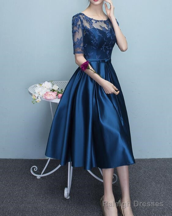 Blue Short Sleeves Tea Length Prom Dresses Blue Bridesmaid Dress Wedding Prom Dress Secondary image