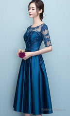 Blue Short Sleeves Tea Length Prom Dresses Blue Bridesmaid Dress Wedding Prom Dress