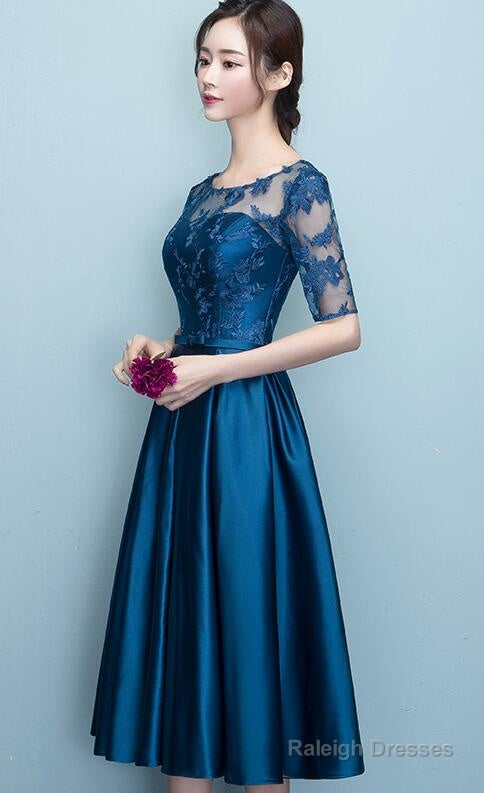 Blue Short Sleeves Tea Length Prom Dresses Blue Bridesmaid Dress Wedding Prom Dress