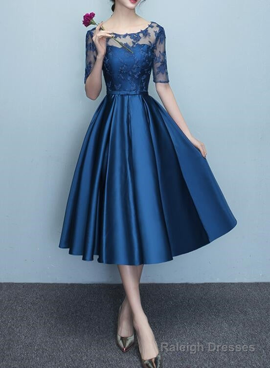 Blue Short Sleeves Tea Length Formal Dress, Blue Bridesmaid Dresses, Wedding Party Dresses Main image