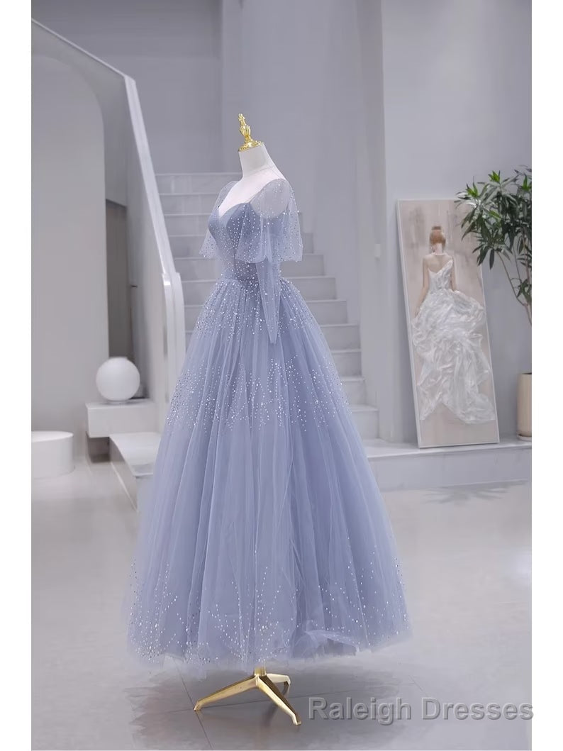 Blue Short Sleeves Tulle Long Sweetheart Prom Dress, A Line Blue Prom Dress