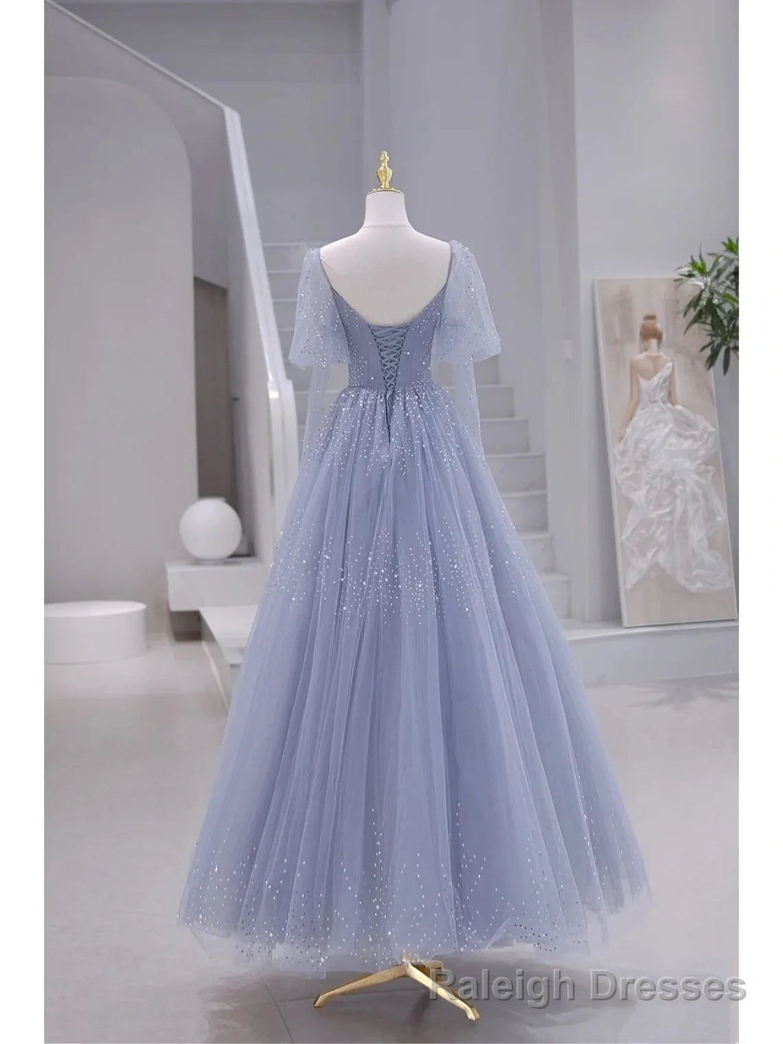 Blue Short Sleeves Tulle Long Sweetheart Prom Dress, A Line Blue Prom Dress