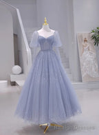 Blue Short Sleeves Tulle Long Sweetheart Prom Dress, A Line Blue Prom Dress