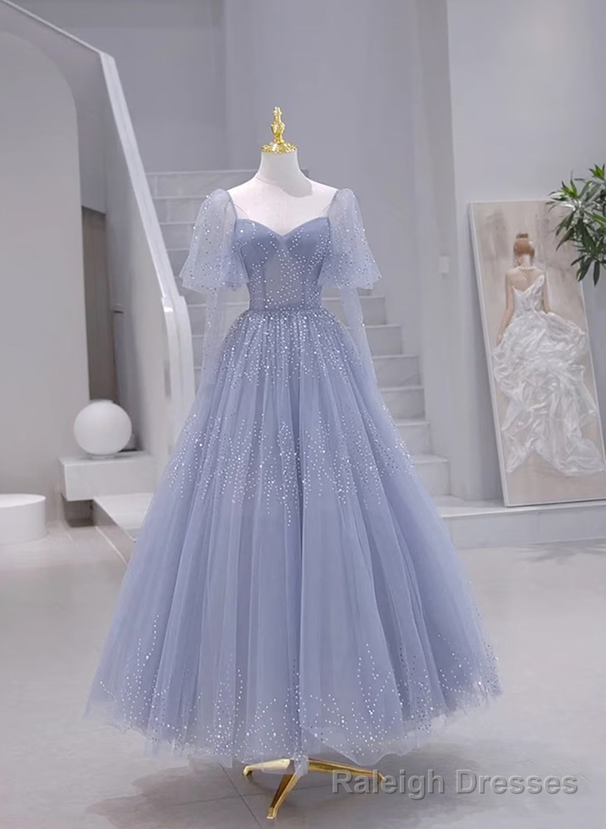 Blue Short Sleeves Tulle Long Sweetheart Prom Dress, A Line Blue Prom Dress