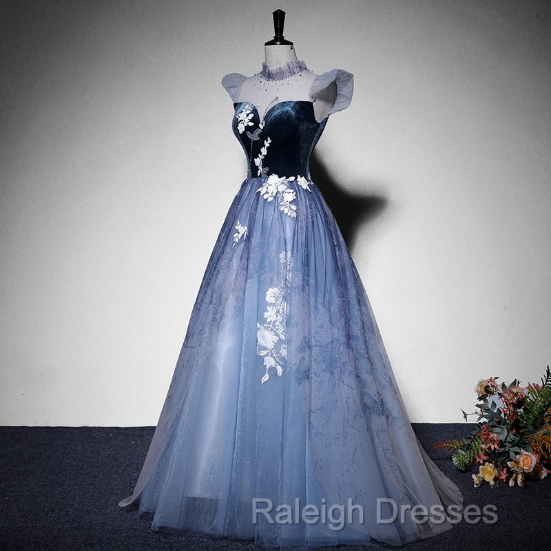 Blue Short Sleeves Tulle With Lace Long Party Dress, Blue Formal Gowns Secondary image