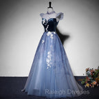 Blue Short Sleeves Tulle With Lace Long Party Dress, Blue Formal Gowns