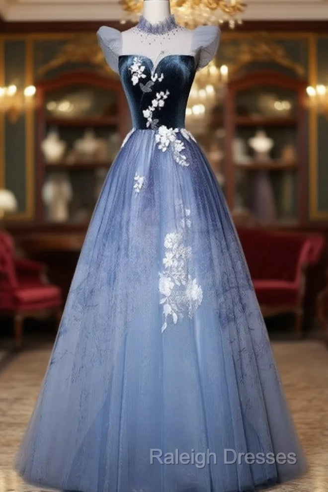 Blue Short Sleeves Tulle With Lace Long Party Dress, Blue Formal Gowns Main image