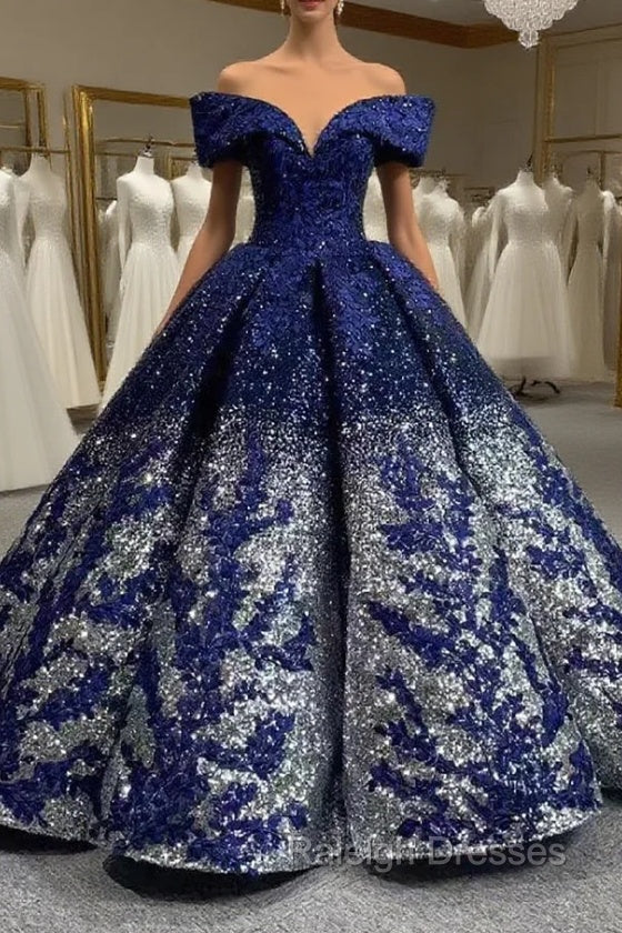 Blue Silver Ball Gown Sequins Appliques Prom Dress Main image