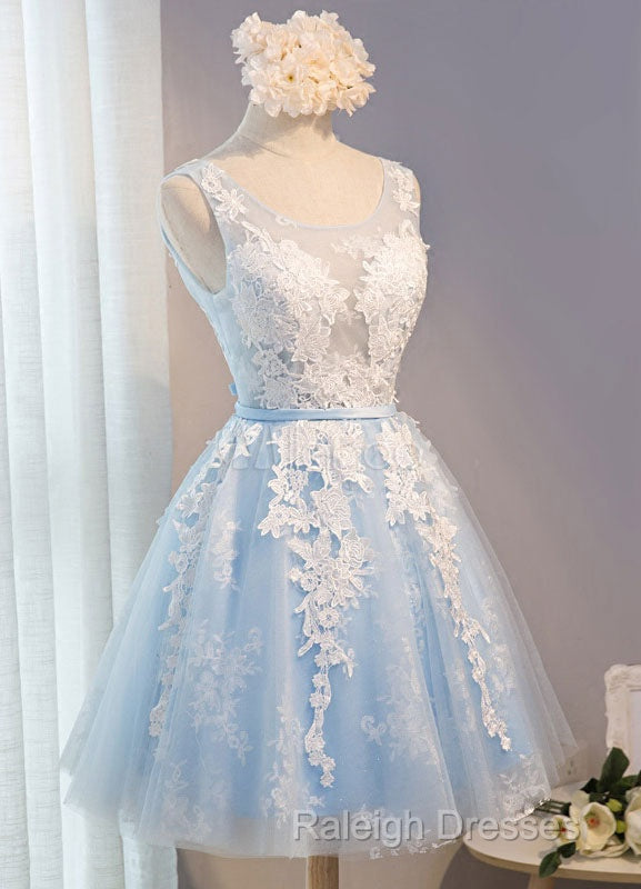 Blue Simple Tulle Homecoming Dresses Lace Applique Baby Blue Sash Backless A Line Knee Length Prom Dresses