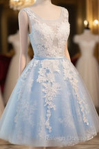 Blue Simple Tulle Homecoming Dresses Lace Applique Baby Blue Sash Backless A Line Knee Length Prom Dresses