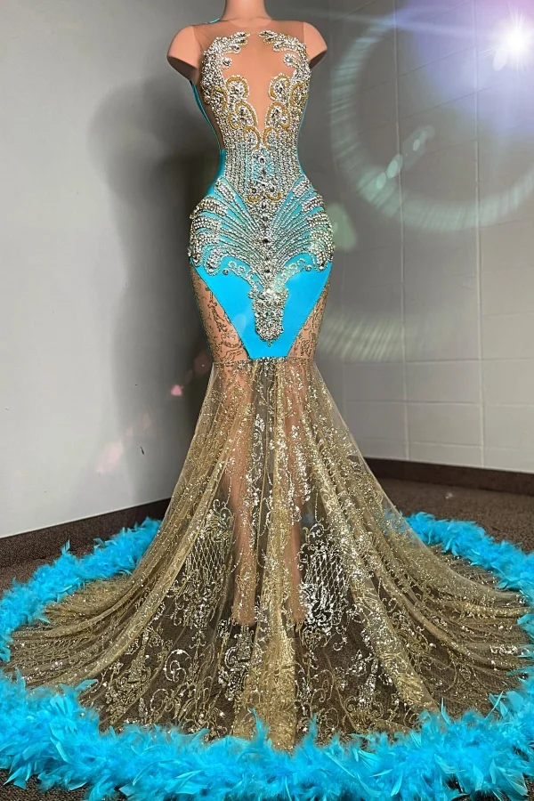 Blue Sleeveless Sparkle Sequin V-Neck Feathers Mermaid Prom Dresses Main image