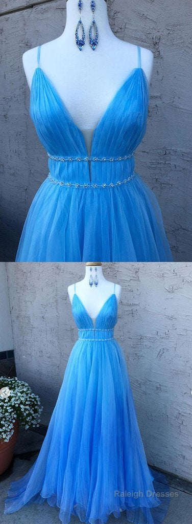 Blue Sleeveless V-Neck Prom Dress