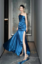 Blue Soft Satin Long Prom Dress With Leg Slit, Blue Evening Dress Formal Dress