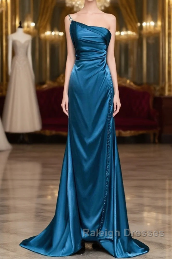 Blue Soft Satin Long Prom Dress With Leg Slit, Blue Evening Dress Formal Dress Main image