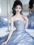 Blue Spaghetti Strap Gradient Sequins Long Prom Dress, Beautiful Sweetheart Neck Evening Party Dress