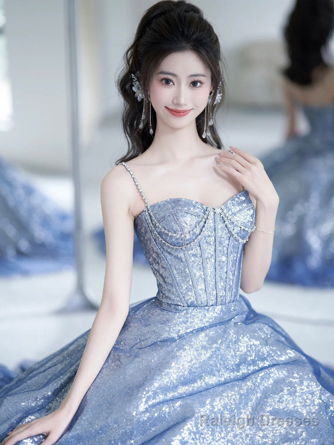 Blue Spaghetti Strap Gradient Sequins Long Prom Dress, Beautiful Sweetheart Neck Evening Party Dress