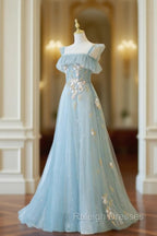 Blue Spaghetti Strap Lace Long Prom Dresses Cute A Line Graduation Dresses