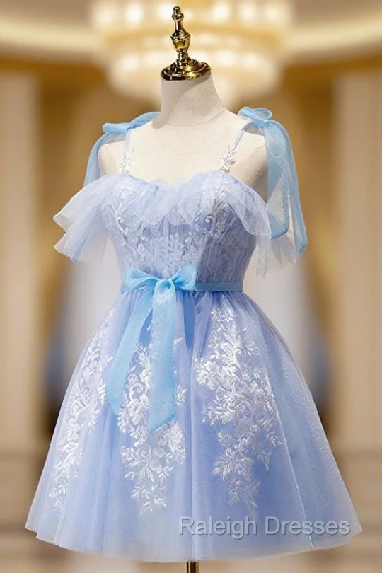 Blue Spaghetti Strap Lace Short Prom Dresses Lovely A Line Homecoming Dresses