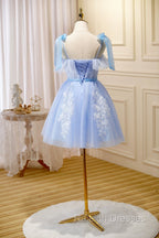 Blue Spaghetti Strap Lace Short Prom Dresses Lovely A Line Homecoming Dresses