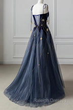 Blue Spaghetti Strap Long Prom Dress with Star, Blue Prom Prom Dress