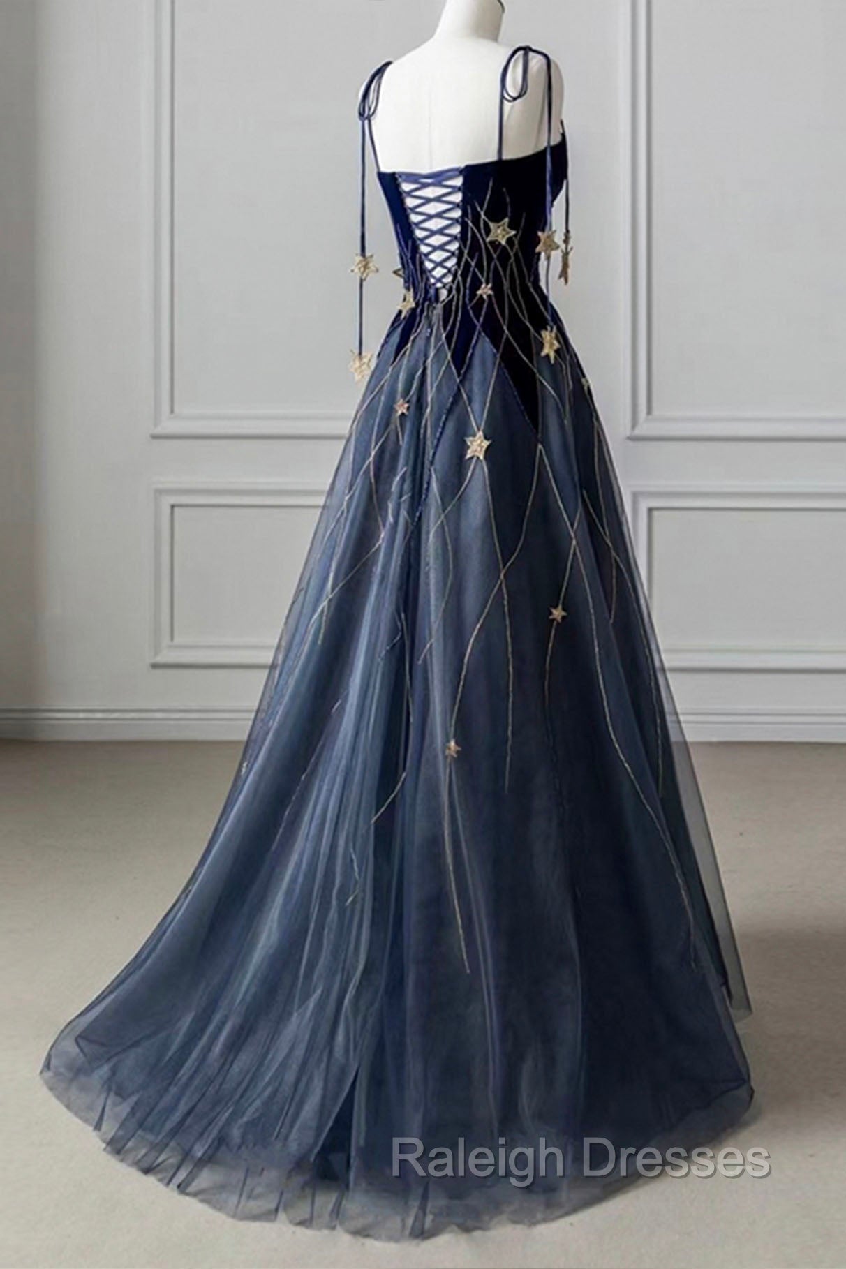 Blue Spaghetti Strap Long Prom Dress with Star, Blue Prom Prom Dress
