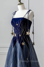 Blue Spaghetti Strap Long Prom Dress with Star, Blue Prom Prom Dress
