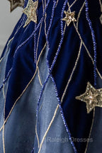 Blue Spaghetti Strap Long Prom Dress with Star, Blue Evening Party Dress