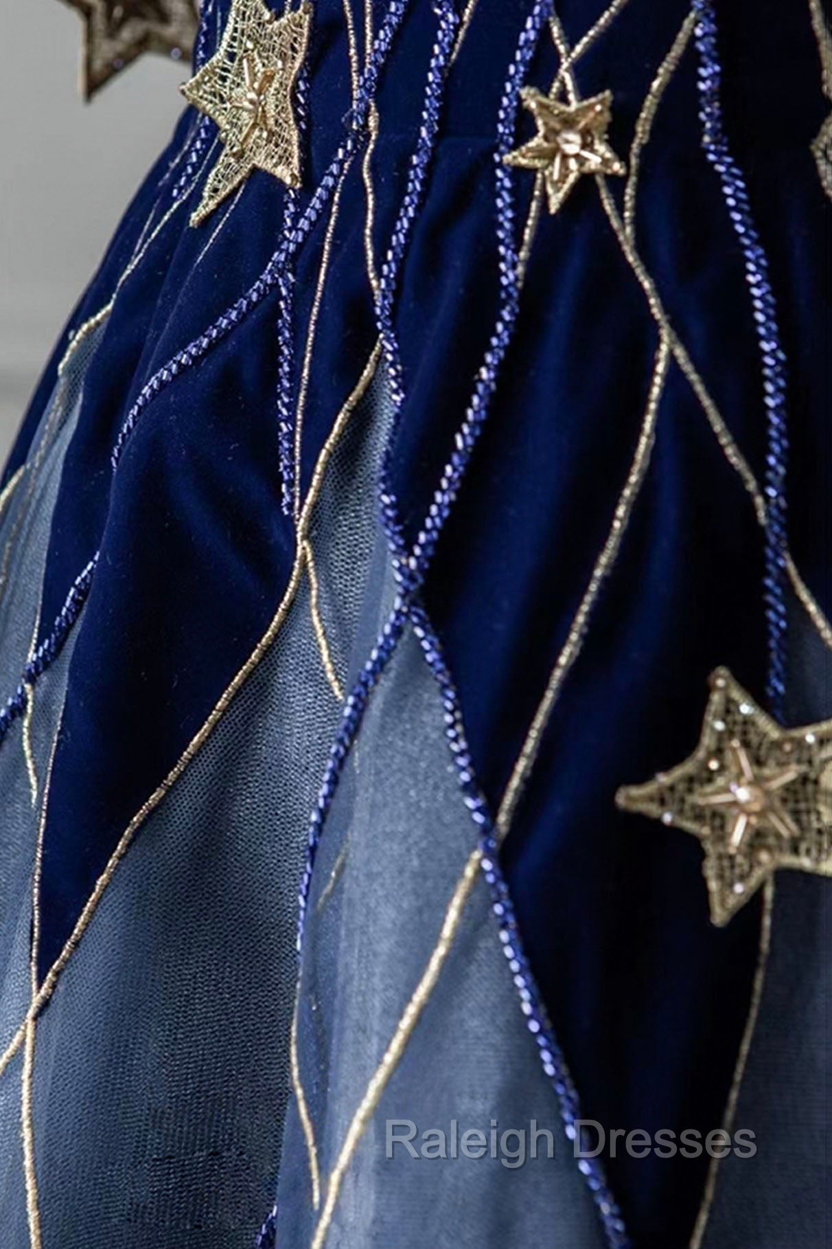Blue Spaghetti Strap Long Prom Dress with Star, Blue Prom Prom Dress