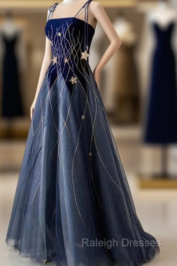 Blue Spaghetti Strap Long Prom Dress with Star, Blue Prom Prom Dress Main image