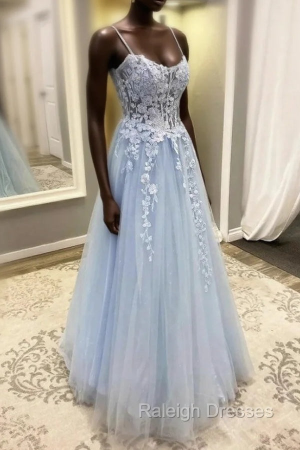 Blue Spaghetti Strap Tulle Appliques Prom Dress
