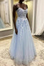 Blue Spaghetti Strap Tulle Appliques Prom Dress