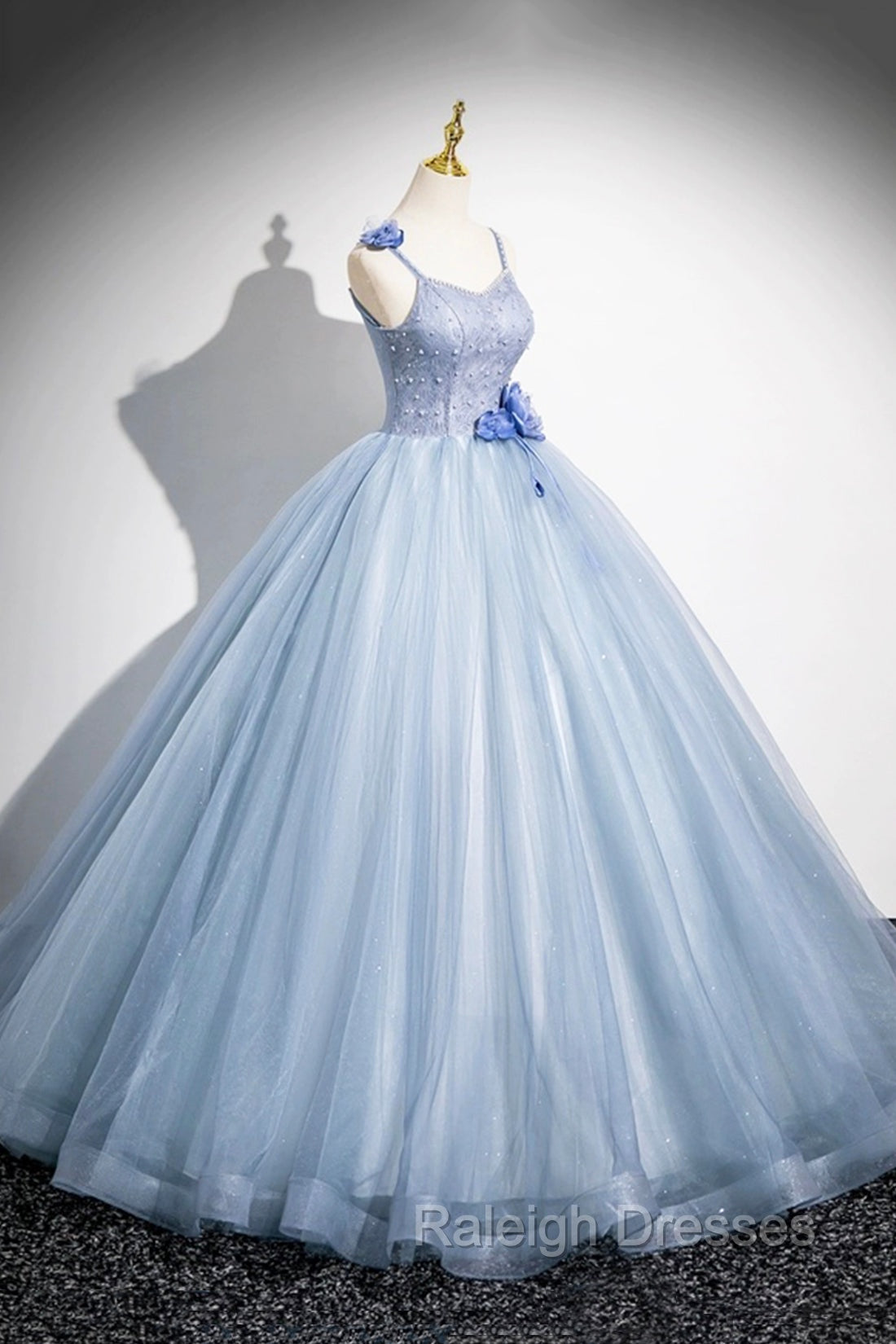 Blue Spaghetti Strap Tulle Floor Length Prom Dress, Pretty A-Line Evening Party Dress