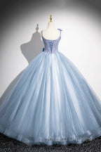 Blue Spaghetti Strap Tulle Floor Length Prom Dress, Pretty A-Line Evening Party Dress