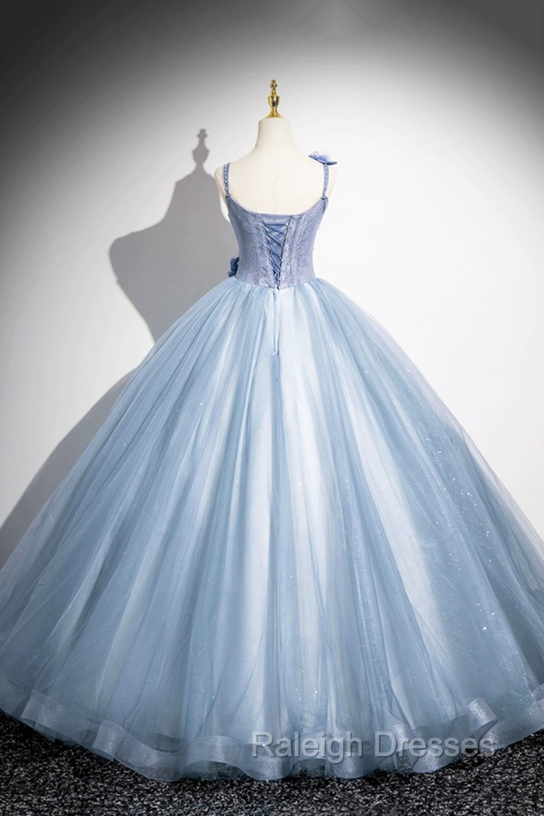 Blue Spaghetti Strap Tulle Floor Length Prom Dress, Pretty A-Line Evening Party Dress