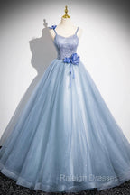Blue Spaghetti Strap Tulle Floor Length Prom Dress, Pretty A-Line Evening Party Dress