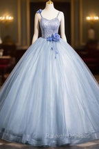 Blue Spaghetti Strap Tulle Floor Length Prom Dress, Pretty A-Line Evening Party Dress