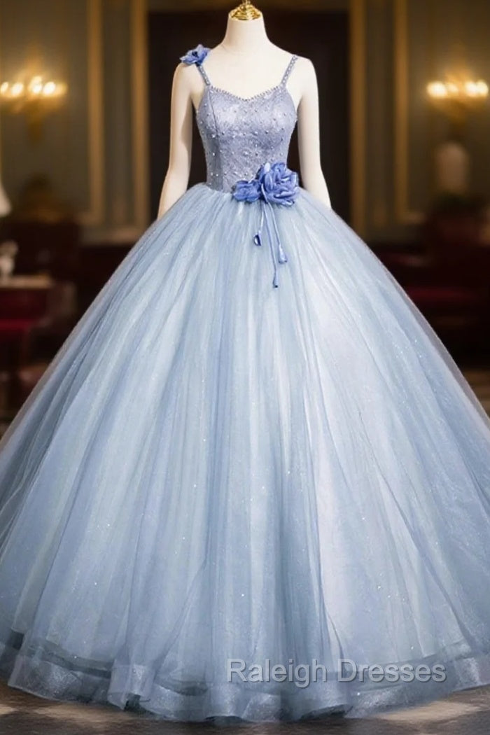 Blue Spaghetti Strap Tulle Floor Length Prom Dress, Pretty A-Line Evening Party Dress