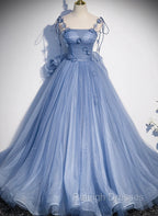 Blue Spaghetti Strap Tulle with Flowers Long Formal Dress, Blue Party Dress with Bow