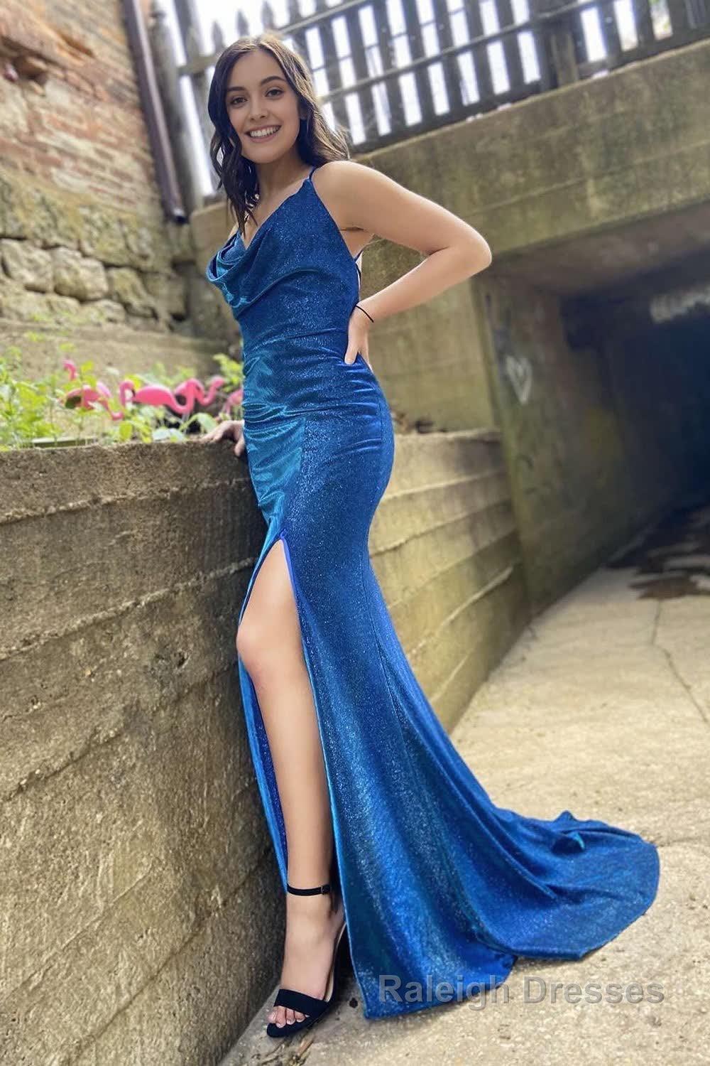 Blue Spaghetti Straps Long Prom Dress With Split Front Main image